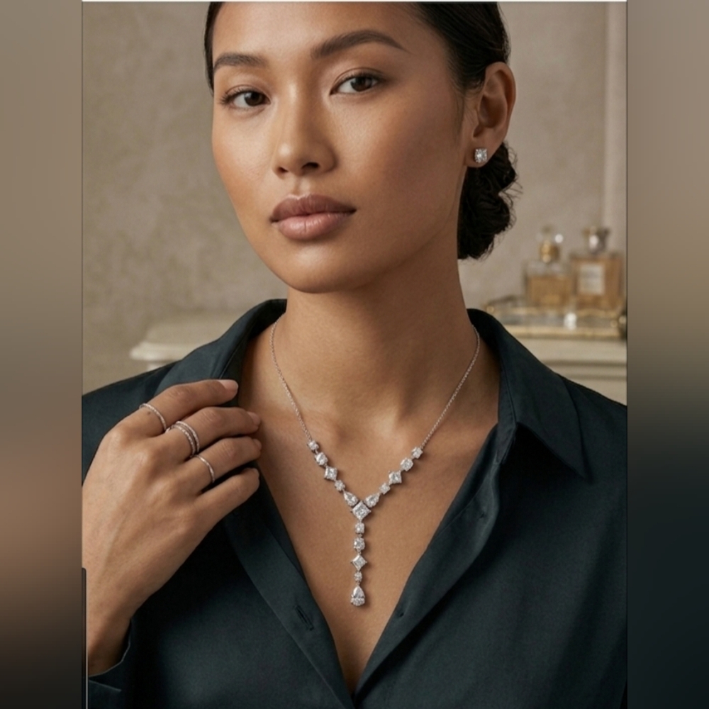 Sexy Y-Drop CZ Necklace Silver Tone Chain 21” Signed JCM CZ China EUC